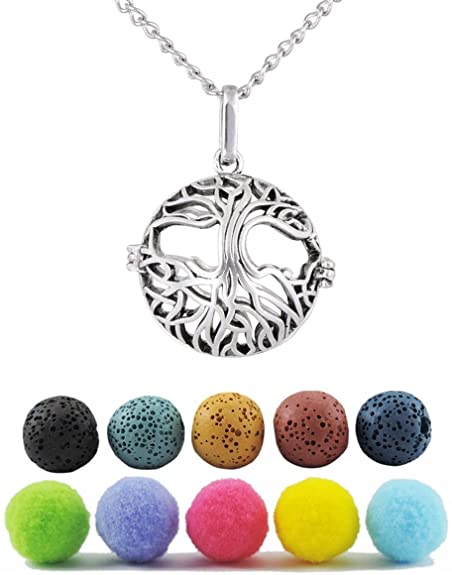 GraceAngie Tree of Life Aromatherapy Essential Oil Diffuser Necklace Locket Pendant with 5 Lava Beads/Refill Pads