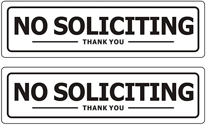 No Soliciting Sign - Self Adhesive Indoor/Outdoor Aluminum Sign - Medium Size 2" x 7" White with Black Letters for House Business - Easy Installation (2 Pack)