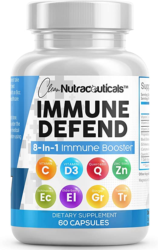 8 in 1 Immune System Booster Support Supplement w/ Vitamin D3 5000 IU, VIT C 1000mg, Zinc 50mg, Elderberry, Quercetin, Turmeric Curcumin, Ginger, Echinacea - Immunity Defense for Adults Kids