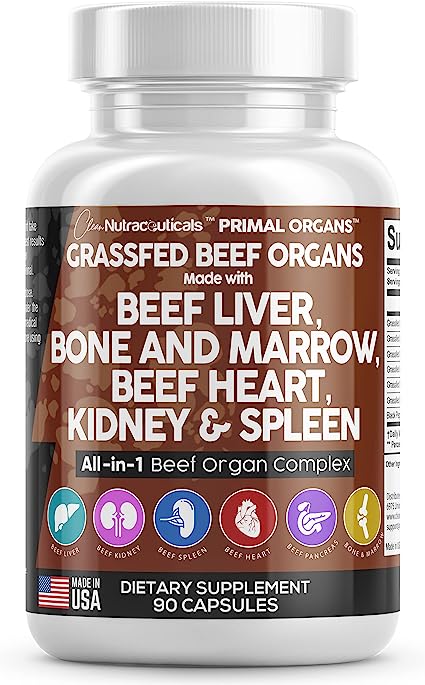 Grass Fed Beef Liver Capsules 3000mg - Premium Quality Beef Organs Supplement Packed with Desiccated Beef Liver, Beef Heart, Beef Spleen, Beef Pancreas Plus Bone and Marrow Dao Enzyme Pills - USA Made