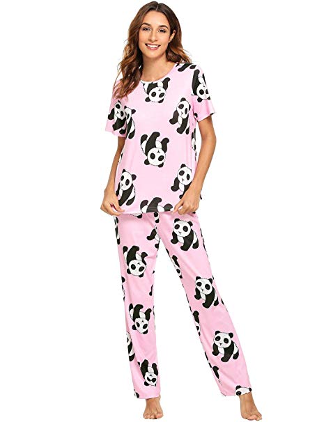 DIDK Women's Kitty Cat Print Tee and Polka Dot Pants Pajama Set