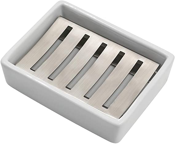 TOPSKY Ceramic Soap Dish Holder Stainless Steel for Bathroom, Double Layer, Self-draining Soap Tray, Say No to Mushy Soap, Easy Cleaning.