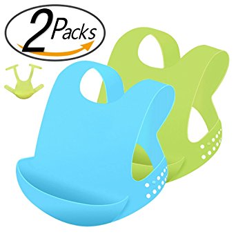 Wearable Soft Silicone Baby Bib Waterproof Easily Wipes Clean! Burp cloths Spend Less Time Cleaning after Meals with Babies or Toddlers! 2 Pack,Green/Blue