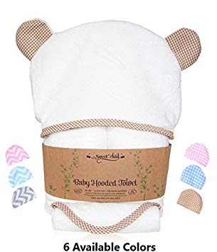 Sweet Child 100% Bamboo Premium Hooded Baby Towel and Washcloth Set for Baby Boy Or Girl (40"x28", White-Brown Gingham)