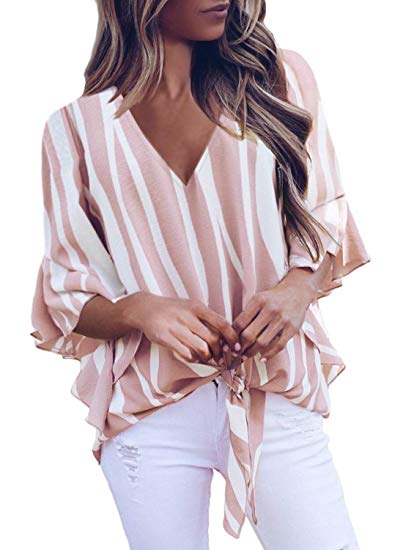 FARYSAYS Women's Striped 3/4 Bell Sleeve Off The Shoulder Front Tie Knot T Shirt Tops Blouse