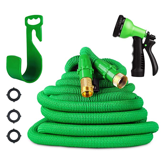 Garden Hose-Expandable Water Hose with Double Latex Core 50ft, 3/4'' Solid Brass Connector, Bonus 8 Way Spray Nozzle(Green) Hook (green-1)