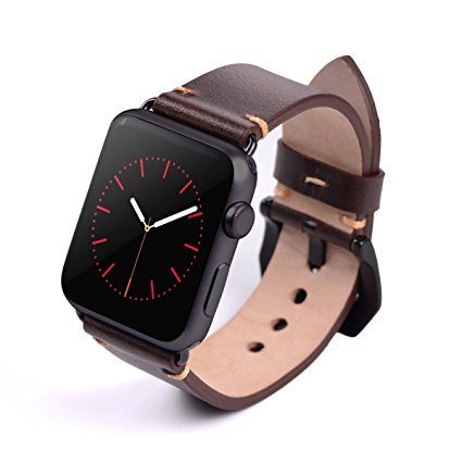 Apple Watch Band, 42mm Vegetable Tanned Leather Watchband For iWatch (Dark Brown Black Adaptor)