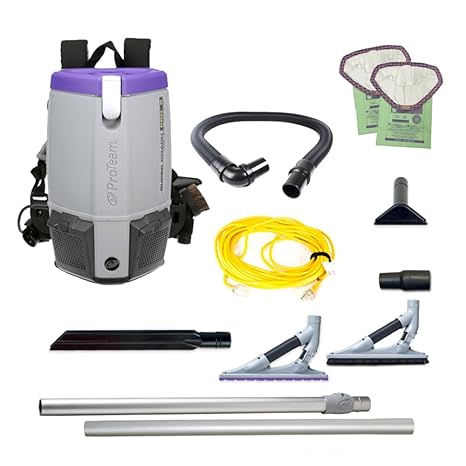 ProTeam Super Coach Pro 6 Commercial Backpack Vacuum with ProBlade Hard Surface and Carpet Tool Kit, 6 Quart, Corded, 107535