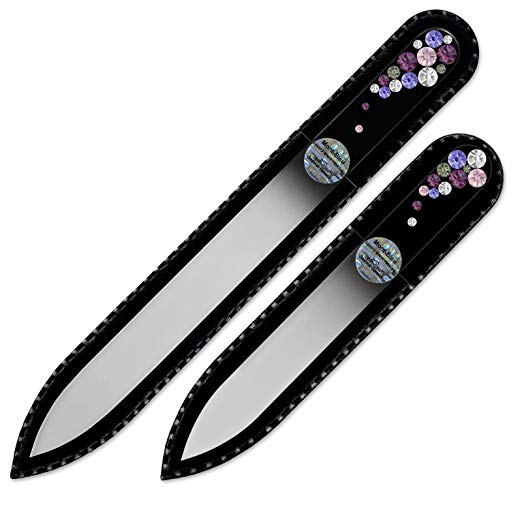 Mont Bleu Set of 2 Glass Nail Files Hand Decorated with Swarovski Elements, in Black Velvet Sleeve, Genuine Czech Tempered Glass, Best Crystal Nail Files Kit for Natural Nails