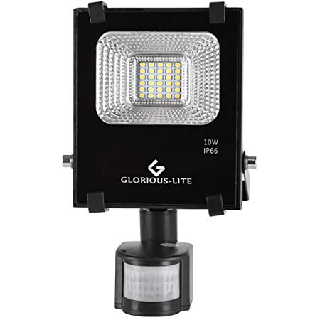 GLORIOUS-LITE10W Motion Sensor Flood Lights,800lm Sufficient Bright LED Floodlights,Waterproof,Daylight White 6000K,PIR Sensor security Light for Entryways, Stairs, Yard,Patio and Garage(NO PLUG)