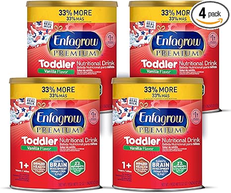 Enfagrow Premium Toddler Nutritional Drink, Vanilla Flavor, Omega-3 DHA for Brain Support, Prebiotics & Vitamins for Immune Health, Non-GMO, Powder Can, 32 Oz, Pack of 4