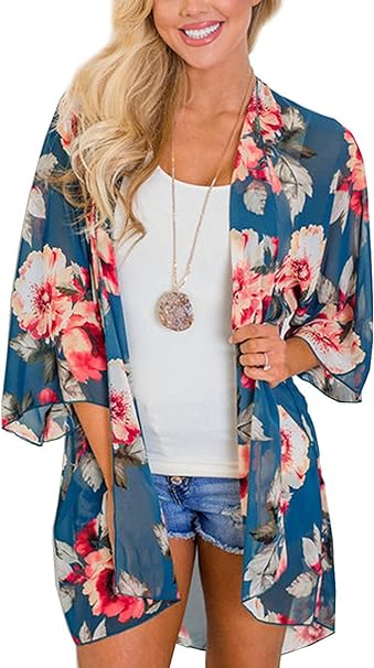 BB&KK Women's Floral Kimono Cardigans Chiffon Casual Loose Open Front Cover Ups Tops