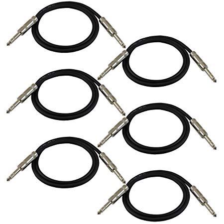 GLS Audio 3ft Patch Cable Cords - 1/4" TRS To 1/4" TRS Black Cables - 3' Balanced Snake Cord - 6 PACK