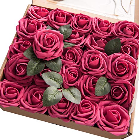Ling's moment Artificial Flowers 50pcs Real Looking Fuchsia Fake Roses w/Stem for DIY Wedding Bouquets Centerpieces Bridal Shower Party Home Decorations