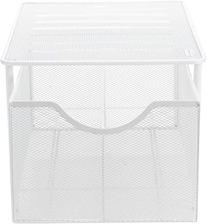 Mind Reader Storage Basket [Metal MESH] 3-Compartment Pull-Out/Sliding Organizing Drawer, Under The Sink Kitchen and Bathroom Shelf Cabinet, White