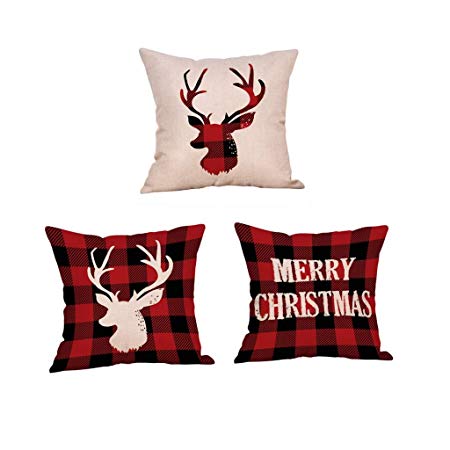 Steven.Smith 3 Pack Red Black Christmas Scottish Buffalo Checkers Plaid Pillow Cover,Winter Deer,Merry Christmas Quotes Home Decorative Throw Pillow Case Cushion Cover for Sofa Couch 18 x 18 Inch