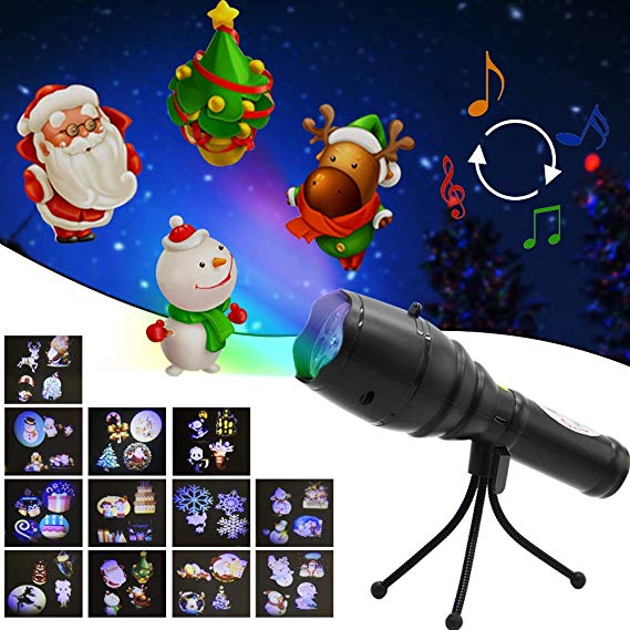 FORUP LED Projector Lights, Handheld Flashlight with Music Player, l12 Decorative Projection Slides, Tripod, Dynamic & Static Images for Christmas Halloween Party Birthday & Holiday Decoration