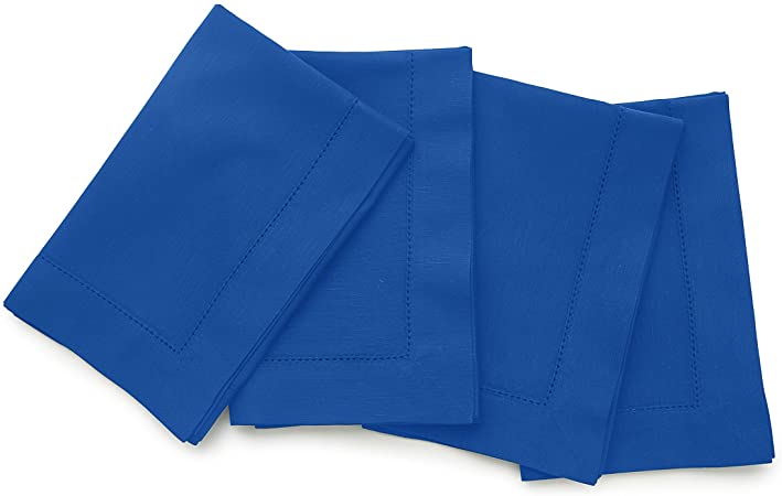 Solino Home Hemstitch Cotton Linen Dinner Napkins – Set of 4, 20 x 20 Inch Blue Natural Fabric – Machine Washable Handcrafted with Mitered Corners