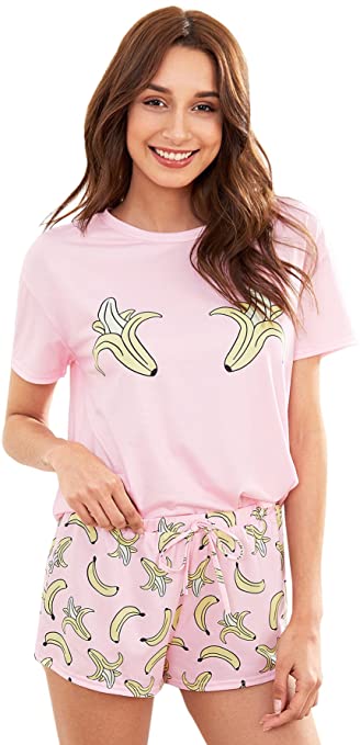 DIDK Women's Cute Cartoon Print Tee and Shorts Pajama Set