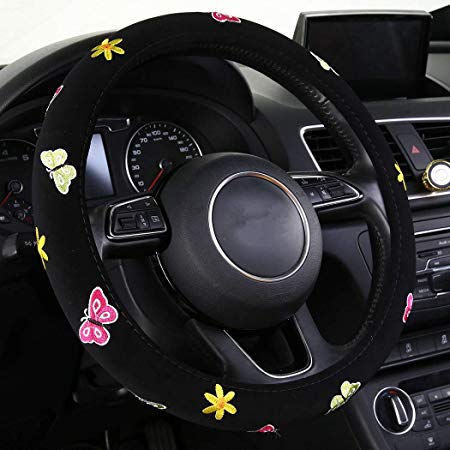 Sewing Butterfly Stitch Ladies Girls Women Car Steering Wheel Covers,Universal 15 inch,Z004 (Black)