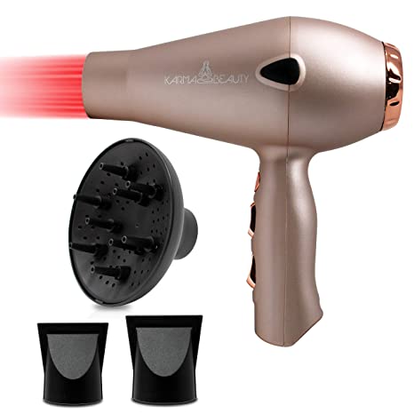 Blow dryer Infrared salon professional | Fast Drying | Negative Ionic | 1875W AC Motor | 2 Speed and 2 Heat Settings | Cold Shot Button | Diffuser & 2 nozzle | Karma Beauty | (rose gold)