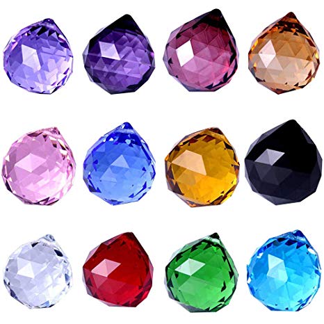 Wispun 30mm Vintage Feng Shui Faceted Decorating Crystal Ball Prism Pendant Suncatcher Multi-Color Hanging Pendant Suncatcher 12pcs