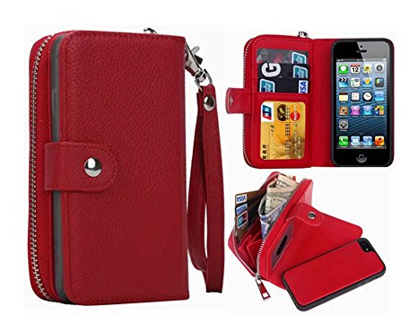 iPhone 5/5S/SE Wallet Case, Hynice iPhone 5/5S/SE Wallet Purse Case Leather Zipper Case with credit card slots and Magnetic Detachable Slim Cover for iPhone 5/5S/SE (Litchi-red)