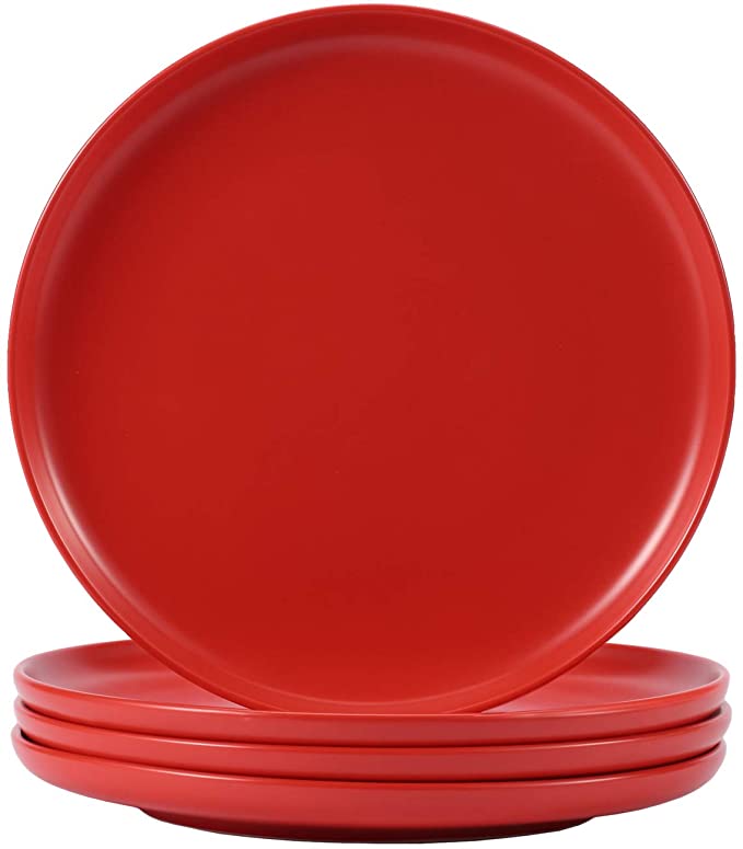 Eglaf 10'' Ceramic Matte Dinner Plates - Porcelain Round Dish for Salad, Pie, Steak, Pizza, Pasta - Family Dining, Party, Entertain Guests, Restaurant Serving Plates(Set of 4 - Red)