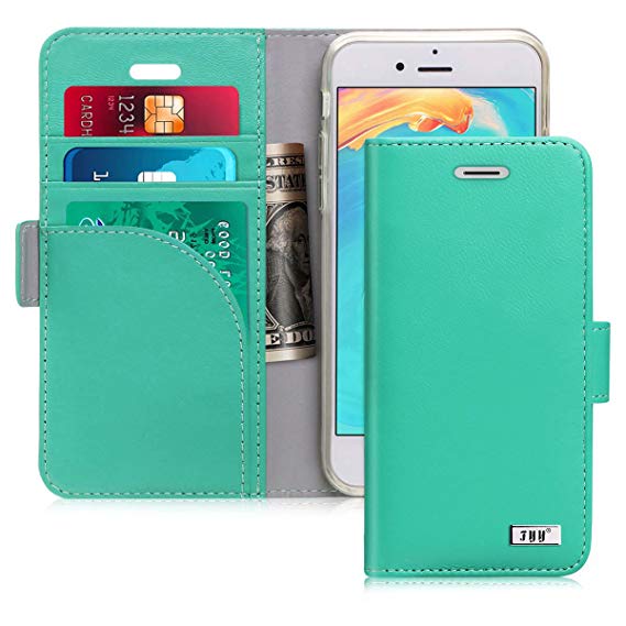 FYY [Genuine Leather] Case for iPhone 8 /iPhone 7 (4.7 inch) 2016, [RFID Blocking] [ Kickstand] Flip Folio Wallet Case with Credit Card Slots Green