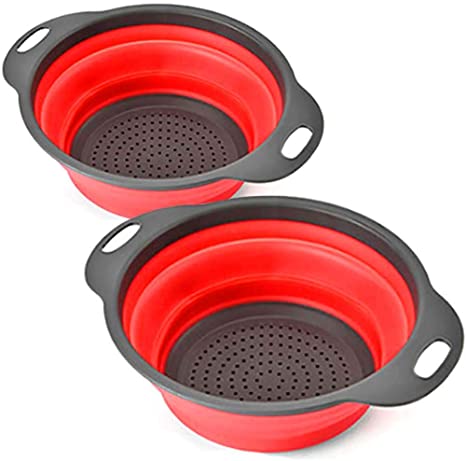 Silicone Collapsible Colander Set - Perfect for Draining Pasta/Vegetables/Fruits - Set of 2 Strainers (Red)