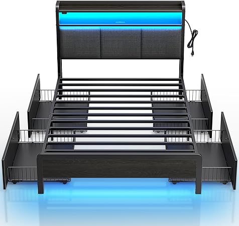 Rolanstar Bed Frame Twin Size with Charging Station and LED Lights, Upholstered Storage Headboard with Drawers, Heavy Duty Metal Slats, No Box Spring Needed, Noise Free, Easy Assembly, Dark Grey