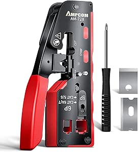 AMPCOM Pass Through RJ45 Crimp Tool, All-in-one Ethernet Crimper, Crimping for STP UTP RJ45/ RJ11 Cat8 Cat7 Cat6A Cat6 Cat5e Cat5 Connectors, AM-728RD