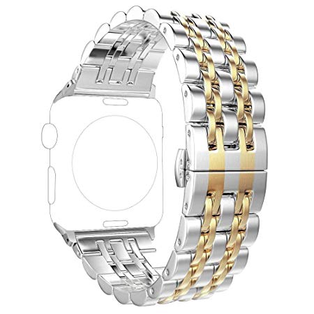 PUGO TOP Band Compatible for Apple Watch, 316L Stainless Steel Strap Bracelet with Classic 7 Blade Design and Butterfly Clasp for iWatch Series 5 4 3 2 1