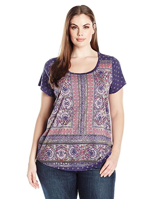 Lucky Brand Women's Plus Size Painted Border Tee, Blue/Multi, 3X