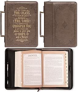 Christian Art Gifts Men's Classic Bible Cover for I Know The Plans Jeremiah 29:11, Brown/Gold Faux Leather, Large