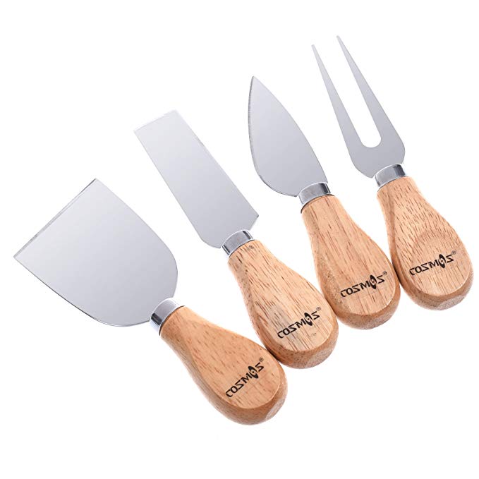 COSMOS Set of 4 Cheese Knives with Wood Handle Steel Stainless Cheese Slicer Cheese Cutter (Set of 4 Cheese Cutters)