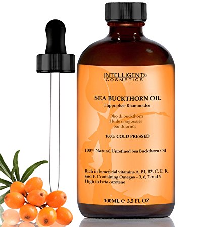 SEA BUCKTHORN OIL 100ML, 100% Cold Pressed Organic, Unrefined, Pure & Natural, Repairs Damaged Skin, Calms Irritated Skin, Heals Rosacea, Supplied in Glass Amber Bottle with Pipette