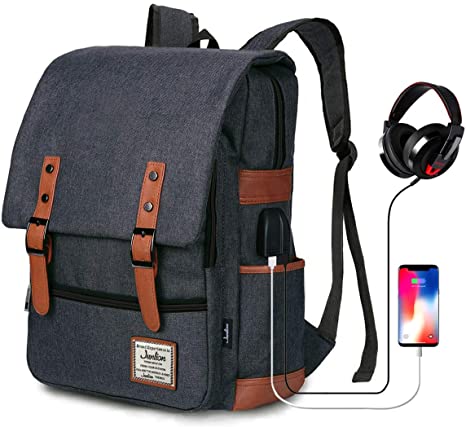 Junlion Vintage Backpack Professional Rucksack Business Laptop Daypack with USB Charging Port and Headphone Jack for Women Men Girls Black