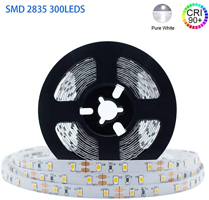 LightingWill LED Strip Light CRI90 SMD2835 16.4Ft 300LEDs Daylight White 5000K-6000K 60LEDs/M DC12V 60W 12W/M 8mm White PCB Flexible Ribbon Strip with Adhesive Tape Non-Waterproof H2835PW300N