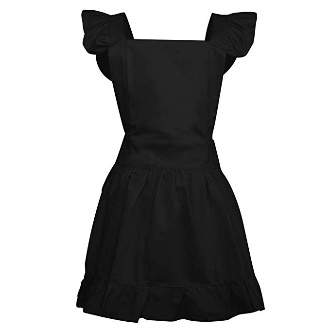 Aspire Kitchen Apron For Women Retro Cotton Frilly Maid Apron Vintage Costume Halloween Party Gift-Black