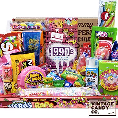 VINTAGE CANDY CO. 1990s RETRO CANDY GIFT BOX - 90s Nostalgia Candies - Flashback NINETIES Fun Gag Gift Basket - PERFECT '90s Candies For Adults, College Students, Men or Women, Kids, Teens