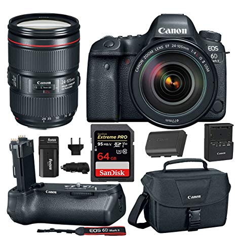 Canon EOS 6D Mark II DSLR Camera with 24-105mm f/3.5-5.6 Lens   Canon BG-E21 Battery Grip 64GB SD Card SLR Bag & Battery with Charger Advanced Travel Kit