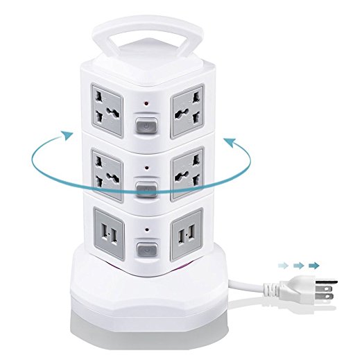 Power Strip With Surge Protector, Vertical Tower Power Outlet With Flexible Multi Socket[10 Outlet Plugs][4 USB Slot][Retractable Extension Cord] for PC, Laptop, iPhone 7,6 Plus,Samsung,HTC,HUAWEI