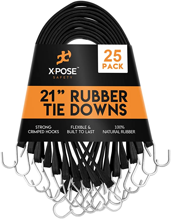 Rubber Bungee Cords with Hooks 25 Pack 21 Inch (32” Max Stretch) Heavy-Duty Black Tie Down Straps for Outdoor, Tarp Covers, Canvas Canopies, Motorcycle, and Cargo - by Xpose Safety