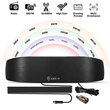 ANTOP Amplified Indoor Am/FM Antenna, 50 Mile Radio Antenna, Built-in Digital Amplifier Booster for Stereo Radio Audio Signals Rf Broadcast Receiver with Adapter Connector