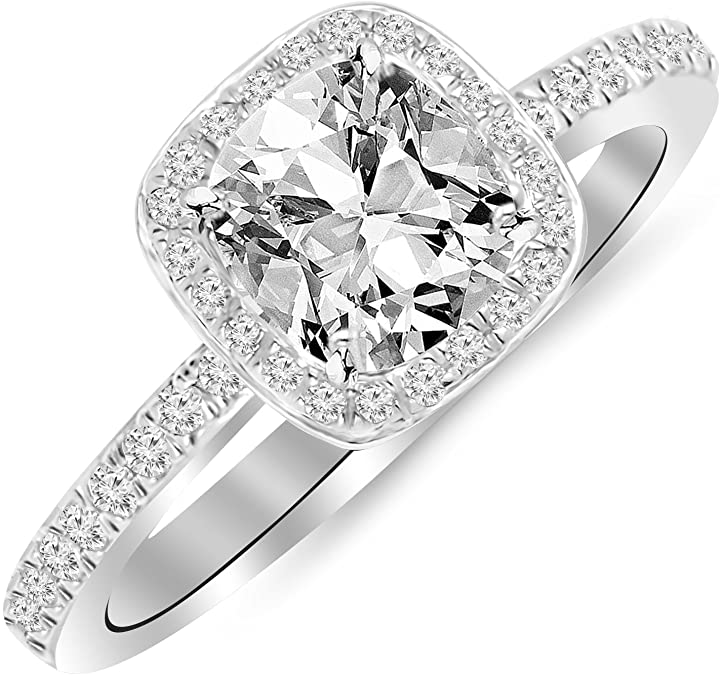 1 Carat t.w. 14K White Gold Classic Halo Style Cushion Shape Diamond Engagement Ring with a 3/4 Ct Forever Brilliant Cushion Moissanite Center