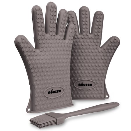 Miusco Heat Resistant Kitchen Silicone Gloves, Basting Brush Set, Grey