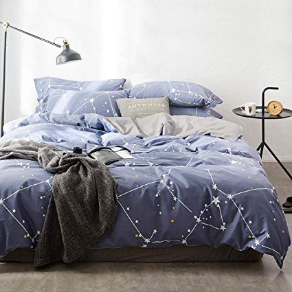 OREISE Duvet Cover Set King Size 100% Cotton Bedding Set Blue Printed Star Pattern,3Piece (1 Duvet Cover + 2 Pillowcase),Comfortable Luxurious Hypoallergenic