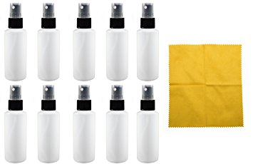 10 - 2 oz Natural HDPE Bottle with Black Fine Mist Sprayer & Microfiber Cloth