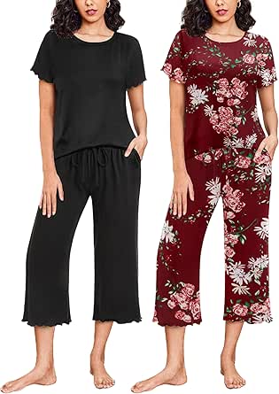 Ekouaer 2 Pack: Women's Pajamas Set Short Sleeve Sleepwear Capri Pants Pjs Sets Soft Loungewear With Pockets